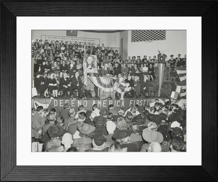 Framed Print : Charles Lindbergh addresses 3, 000 persons at an America First rally. He spoke in Fort Wayne's Gospel Temple, on Oct. 5, 1941. (BSLOC_2014_7_52)