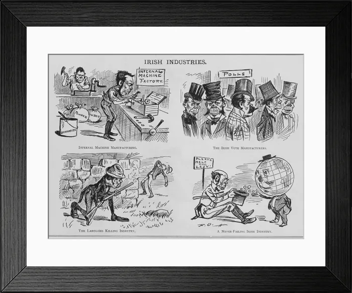 Framed Print : An Anti-Irish cartoon entitled IRISH INDUSTRIES, appeared in the American humor magazine PUCK in November 1881