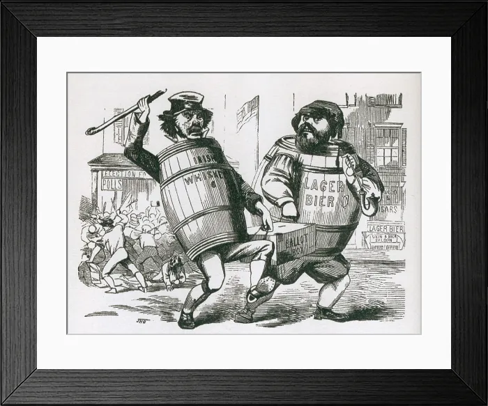 Framed Print : Anti-Immigrant cartoon showing two men with barrels as bodies, labeled Irish Wiskey and Lager Bier, carrying a ballot box Framed Print : Anti-Immigrant cartoon showing two men with barrels as bodies, labeled Irish Wiskey and Lager Bier, carrying a ballot box