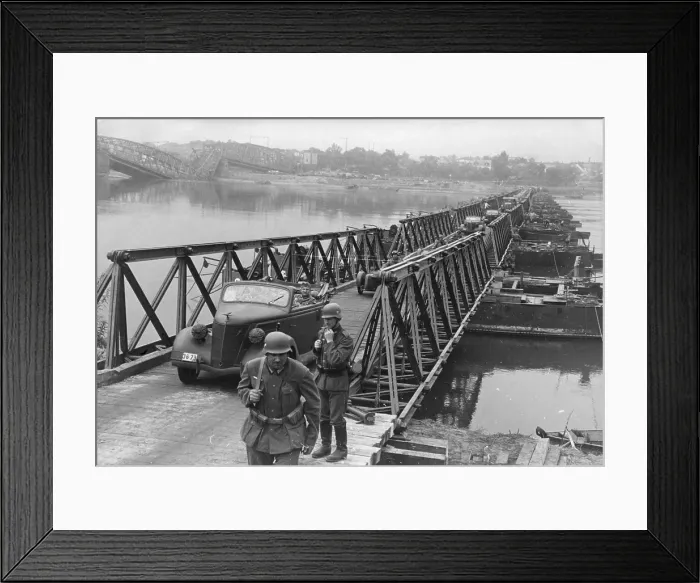 Framed Print : German army invades of Poland. Vehicles pass over a bridge constructed by German Army engineers crossing the Vistula River near Bydgoszcz, Poland Framed Print : German army invades of Poland. Vehicles pass over a bridge constructed by German Army engineers crossing the Vistula River near Bydgoszcz, Poland