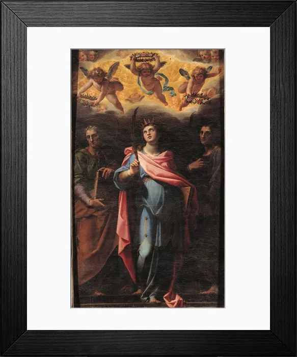 Framed Print : St Domitilla between Saints Nereus and Achilleus, by Cristoforo Roncalli, 17th Century, oil on canvas, - Italy, Lazio, Rome, Santi Nereo e Achilleo Church. All