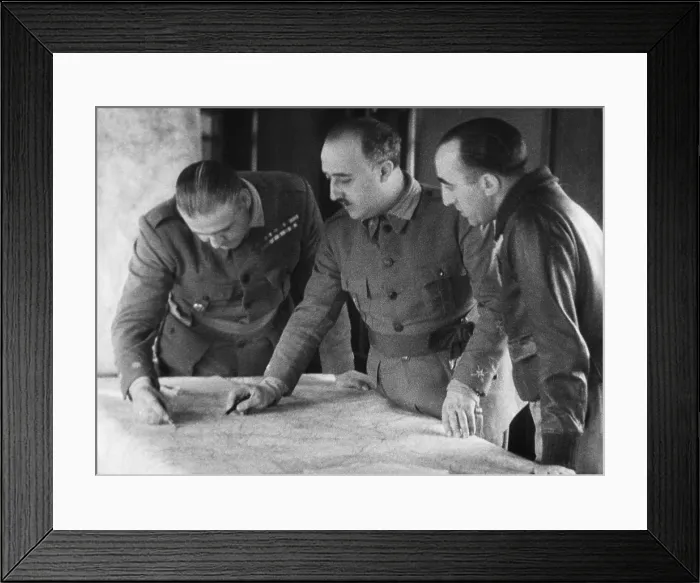 Framed Print : General Franco with two leaders of the battles in the Terual front. Fighting at Alfambra resulted in a victory for the Nationalists, Feb 5-8, 1938 Framed Print : General Franco with two leaders of the battles in the Terual front. Fighting at Alfambra resulted in a victory for the Nationalists, Feb 5-8, 1938