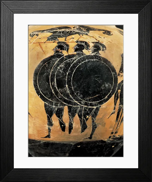 Framed Print : Greek hoplies. Greek classical art. Black-figure ceramic. Heavy infantryman of the armies of the ancient Greece. Classical Greek art. Ceramics
