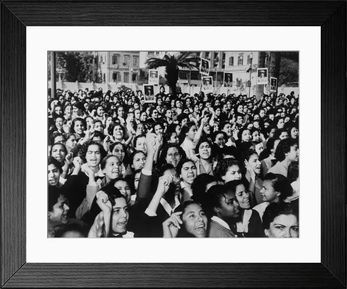 Framed Print : Cairo suffragettes, some carry placards with photographs of Gamal Abdel Nasser. Jan. 22, 1956 Framed Print : Cairo suffragettes, some carry placards with photographs of Gamal Abdel Nasser. Jan. 22, 1956