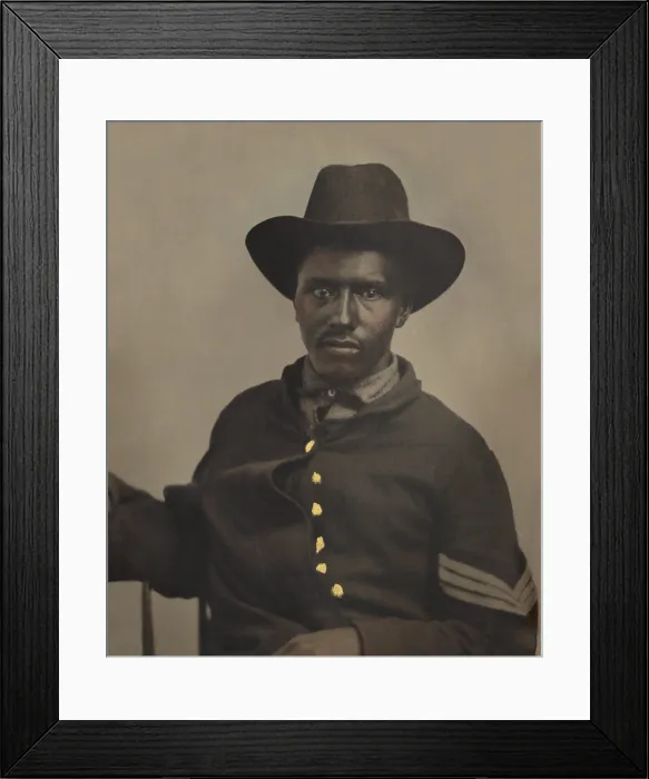 Framed Print : African American soldier in Union sergeants uniform, during the US Civil War, c. 1863-65 (BSLOC_2018_6_191) Framed Print : African American soldier in Union sergeants uniform, during the US Civil War, c. 1863-65 (BSLOC_2018_6_191)