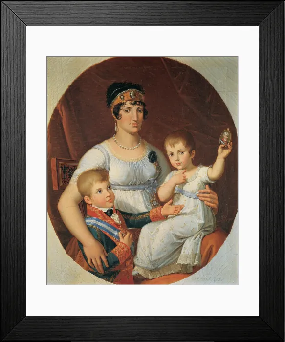 Framed Print : Benvenuti Pietro, The Queen of Etruria and Her Son Carlo Lodovico and daughter Luisa Carlotta Holding a Portrait of Her Father Lodovico I, 1807, 19th Century, Unknow, Italy