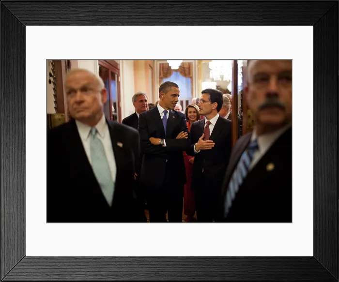 Framed Print : President Barack Obama talks with Rep. Eric Cantor, prior to entering the House Chamber. Sept