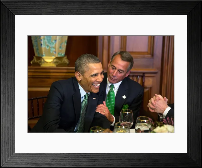Framed Print : President Barack Obama and Speaker John Boehner at a St. Patrick's Day lunch, March 14, 2014.The lunch at the capitol was given for Prime Minister Enda Kenny of Ireland Framed Print : President Barack Obama and Speaker John Boehner at a St. Patrick's Day lunch, March 14, 2014.The lunch at the capitol was given for Prime Minister Enda Kenny of Ireland