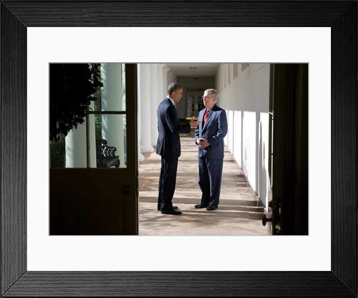 Framed Print : President Obama with incoming Senate Majority Leader Mitch McConnell on Nov. 7, 2014. White House, West Wing Colonnade. (BSLOC_2015_13_225)
