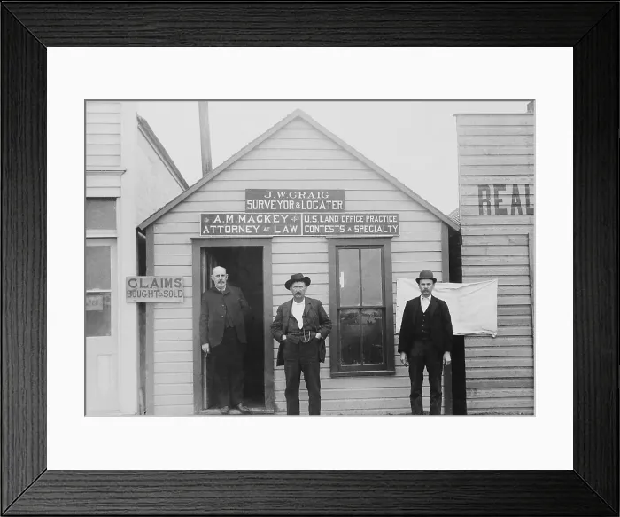 Framed Print : Attorneys and surveyors in front of their office, in Round Pond, Oklahoma Territory, Jan, 1894 Framed Print : Attorneys and surveyors in front of their office, in Round Pond, Oklahoma Territory, Jan, 1894