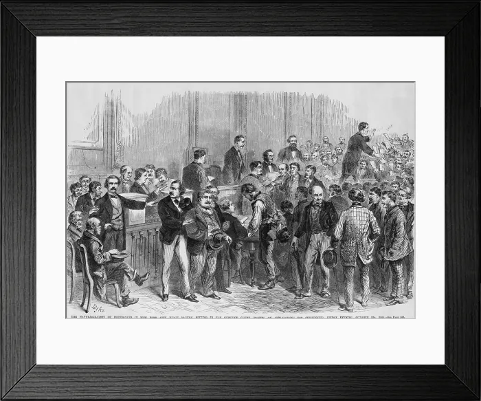 Framed Print : The naturalization of foreigners in New York City. Judge McCunn sitting in the Superior Court, passing on applications for citizenship on Friday evening, October 22, 1869