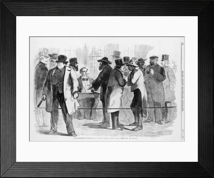 Framed Print : Naturalization of foreigners, scene in Tammany Hall, in New York City before the 1856 elections