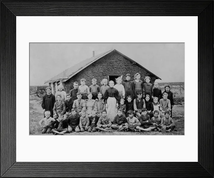 Framed Print : Teacher and children in front of sod schoolhouse in Woods County, Oklahoma Territory, c. 1895 (BSLOC_2018_1_132)