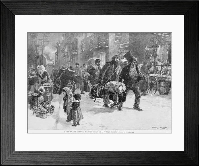 Framed Print : Homeward bound working men carrying their shovels and axes, on a winter evening on Mulberry Street, the Italian quarter of New York City, 1890