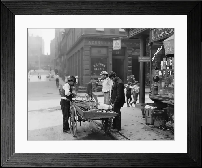 Framed Print : Men eating fresh clams from a pushcart peddler in the Italian neighborhood of Mulberry Bend in New York City. Ca. 1900 photograph by Byron Framed Print : Men eating fresh clams from a pushcart peddler in the Italian neighborhood of Mulberry Bend in New York City. Ca. 1900 photograph by Byron