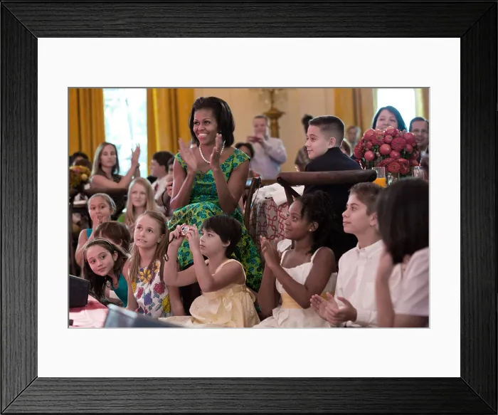 Framed Print : First Lady Michelle Obama during the Kids State Dinner in the East Room of the White House. They watch a performance of Big Time Rush'. Aug Framed Print : First Lady Michelle Obama during the Kids State Dinner in the East Room of the White House. They watch a performance of Big Time Rush'. Aug