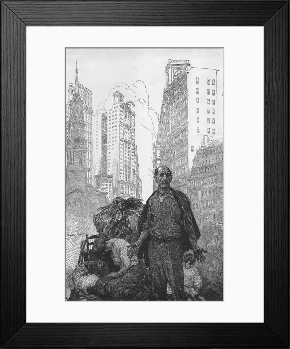 Framed Print : Expressive engraving depicting an sorrowful immigrant father, with his wife and child exhausted amid bundles of garment homework. 1900 engraving from AMERICAN MAGAZINE Framed Print : Expressive engraving depicting an sorrowful immigrant father, with his wife and child exhausted amid bundles of garment homework. 1900 engraving from AMERICAN MAGAZINE