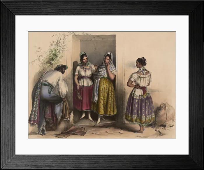 Framed Print : A man and three women from Puebla, Mexico, relaxing and smoking in the door way of a building. Ca. 1830 Framed Print : A man and three women from Puebla, Mexico, relaxing and smoking in the door way of a building. Ca. 1830