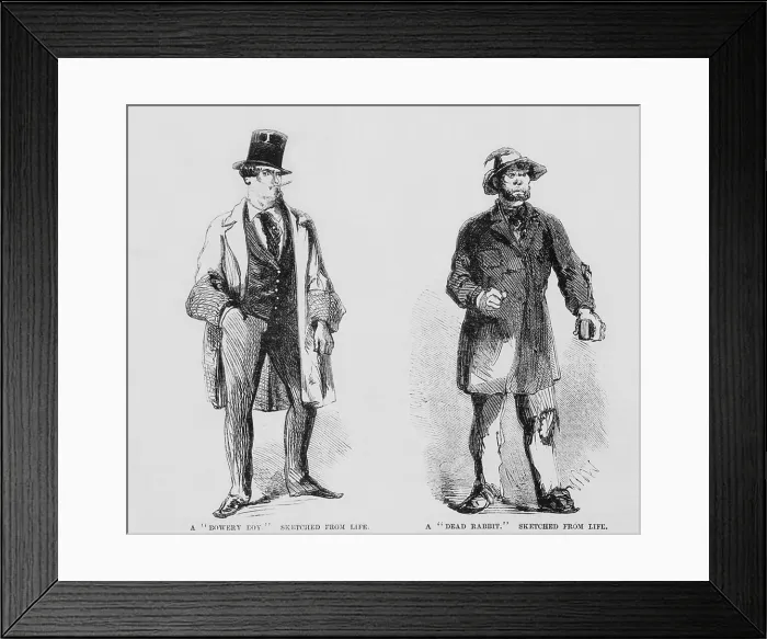 Framed Print : Portraits of members of the Bowery Boys gang (left) and the rival Dead Rabbits (right). Bowery Boys were nativist, anti-Catholic, and anti-Irish Framed Print : Portraits of members of the Bowery Boys gang (left) and the rival Dead Rabbits (right). Bowery Boys were nativist, anti-Catholic, and anti-Irish