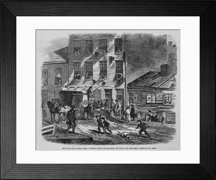 Framed Print : Depressing scene of poverty at Five Points in New York City. People at a tenement house watch men carry out a coffin; in the street, two boys drag a dead dog by one leg Framed Print : Depressing scene of poverty at Five Points in New York City. People at a tenement house watch men carry out a coffin; in the street, two boys drag a dead dog by one leg