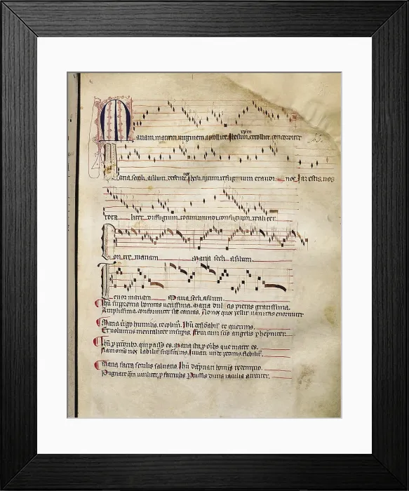 Framed Print : Red Book of Montserrat. 14th c. - 16th c. Medieval music from Aquitaine to be danced in a church. Score, 15th century. Gothic art. Miniature Painting. SPAIN Framed Print : Red Book of Montserrat. 14th c. - 16th c. Medieval music from Aquitaine to be danced in a church. Score, 15th century. Gothic art. Miniature Painting. SPAIN