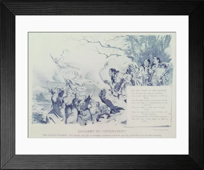 Framed Print : Political cartoon showing Iroquois women on cliff overlooking women marching with banner woman suffrage. It's caption reads