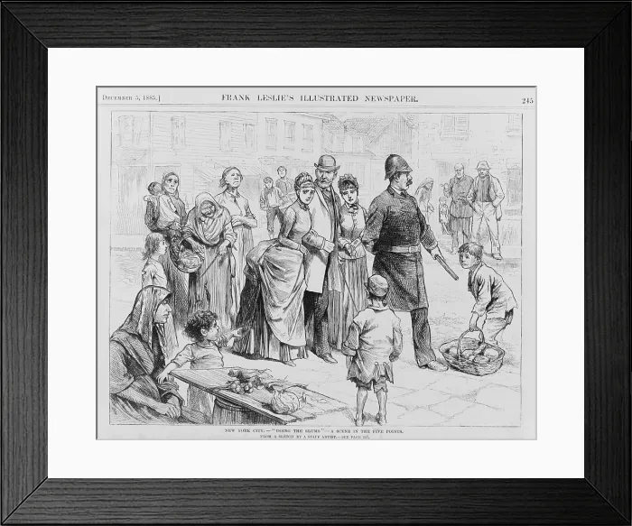 Framed Print : DOING THE SLUMS. A policeman leading three well dressed upper class people through the Five Points neighborhood of New York City. 1885 wood engraving Framed Print : DOING THE SLUMS. A policeman leading three well dressed upper class people through the Five Points neighborhood of New York City. 1885 wood engraving