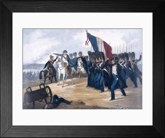Framed Print : Napoleon in the Battle of Waterloo, 1815. The French, English and Prussian armies were defeated, which implied the fall of the emperor. Drawing