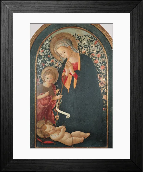 Framed Print : Madonna with Child and Young St John, by workshop Francesco di Stefano known as Pesellino, workshop Lippi Filippo, 1450 - 1500 about, 15th Century - 16th Century, tempera on panel Framed Print : Madonna with Child and Young St John, by workshop Francesco di Stefano known as Pesellino, workshop Lippi Filippo, 1450 - 1500 about, 15th Century - 16th Century, tempera on panel