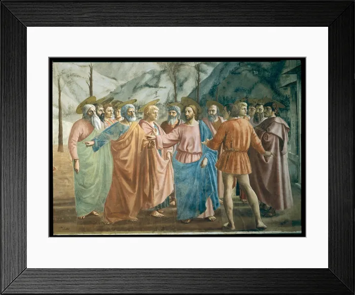 Framed Print : The Tribute, by Tommaso di Ser Giovanni Cassai known as Masaccio, 1425 - 1427, 15th Century, fresco, cm 255 x 598 - Italy, Tuscany, Florence, Santa Maria del Carmine church