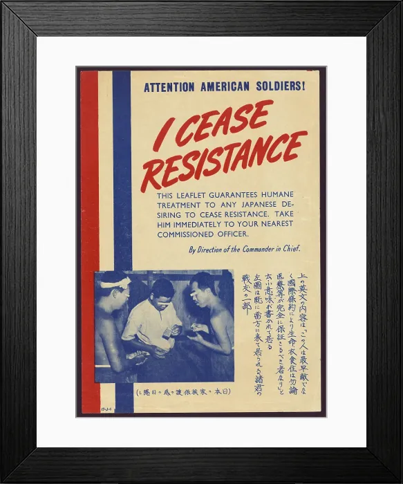 Framed Print : I cease resistance, American Propaganda leaflet targeted to Japanese troops to induce their surrender Framed Print : I cease resistance, American Propaganda leaflet targeted to Japanese troops to induce their surrender