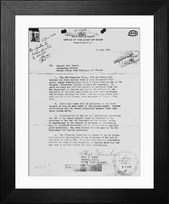 Framed Print : World War 2 letter received from General Thomas Handy to General Carl Spaatz authorizing the dropping of the first atomic bomb. July 25, 1945