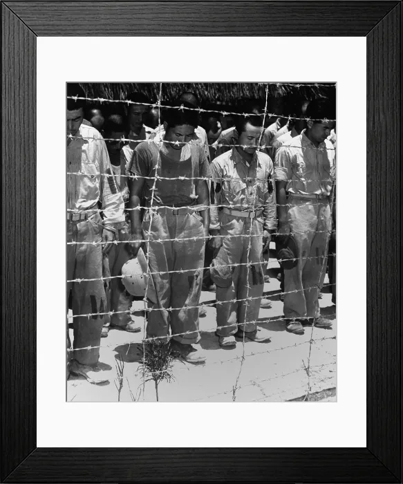 Framed Print : Japanese POW's on Guam after hearing Emperor Hirohito announce of Japan's surrender. August 15, 1945, at the end of World War 2. (BSLOC_2013_14_278)