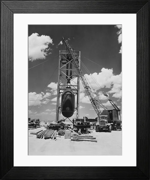 Framed Print : Jumbo the atomic device being positioned for Trinity test at Alamogordo, New Mexico. July 15, 1945. (BSLOC_2015_2_27)