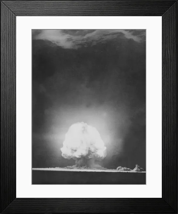 Framed Print : Trinity explosion at Los Alamos, Alamogordo, New Mexico. July 16, 1945. Photograph taken 9 seconds after the initial Trinity detonation shows the Mushroom cloud Framed Print : Trinity explosion at Los Alamos, Alamogordo, New Mexico. July 16, 1945. Photograph taken 9 seconds after the initial Trinity detonation shows the Mushroom cloud