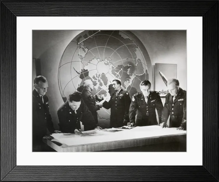 Framed Print : Movie still from a U.S. Army film about a hypothetical attack using an atomic bomb, Nov. 1948. Scene of Army generals in a nuclear war room. (BSLOC_2015_2_32)