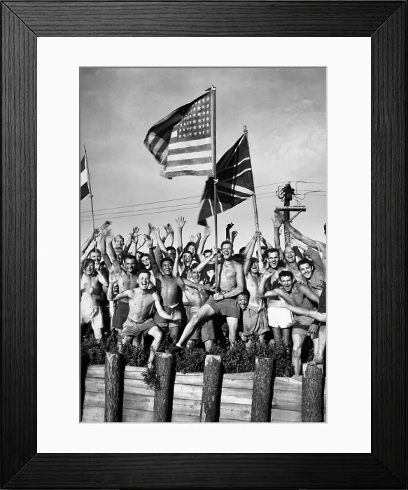 Framed Print : Thin Allied prisoners of war at Aomori Camp near Yokohama, Japan, cheer their rescuers. They are waving flags of the United States, Great Britain, and Holland Framed Print : Thin Allied prisoners of war at Aomori Camp near Yokohama, Japan, cheer their rescuers. They are waving flags of the United States, Great Britain, and Holland