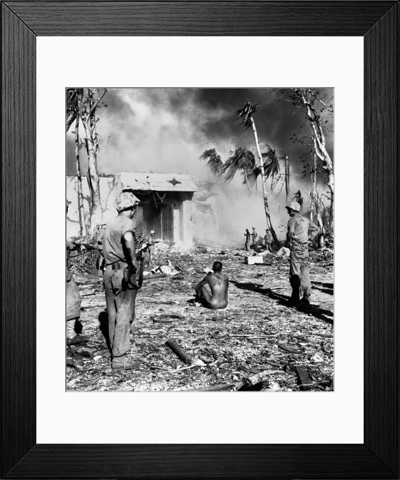 Framed Print : American guards a rare Japanese POW on Namur, Marshall islands. Feb. 2, 1944 during World War 2. (BSLOC_2013_14_272) Framed Print : American guards a rare Japanese POW on Namur, Marshall islands. Feb. 2, 1944 during World War 2. (BSLOC_2013_14_272)