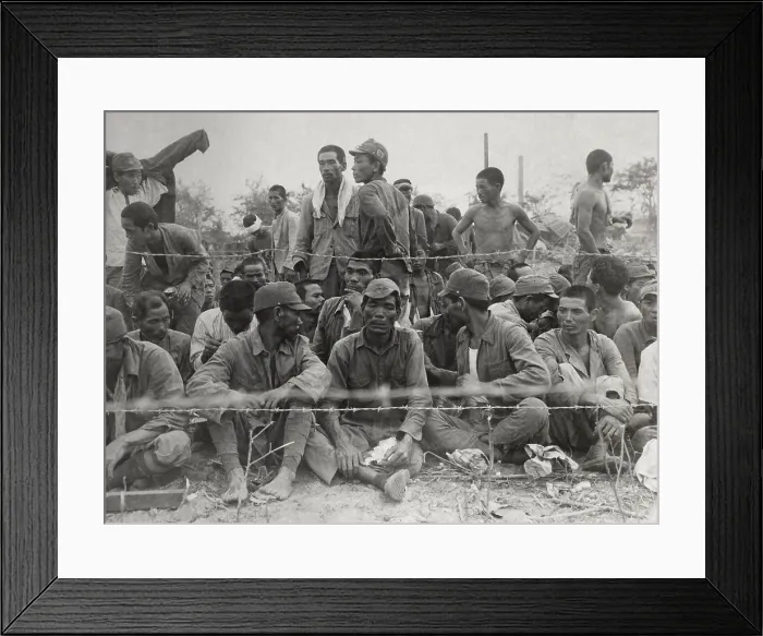 Framed Print : Japanese POWs in an enclosure during the Battle of Saipan. This unusual image shows a large group of Japanese prisoners, some of the over 900 who surrendered on Saipan