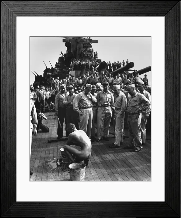 Framed Print : Japanese prisoner aboard the USS NEW JERSEY, naked and bathing before hundreds of sailors Framed Print : Japanese prisoner aboard the USS NEW JERSEY, naked and bathing before hundreds of sailors