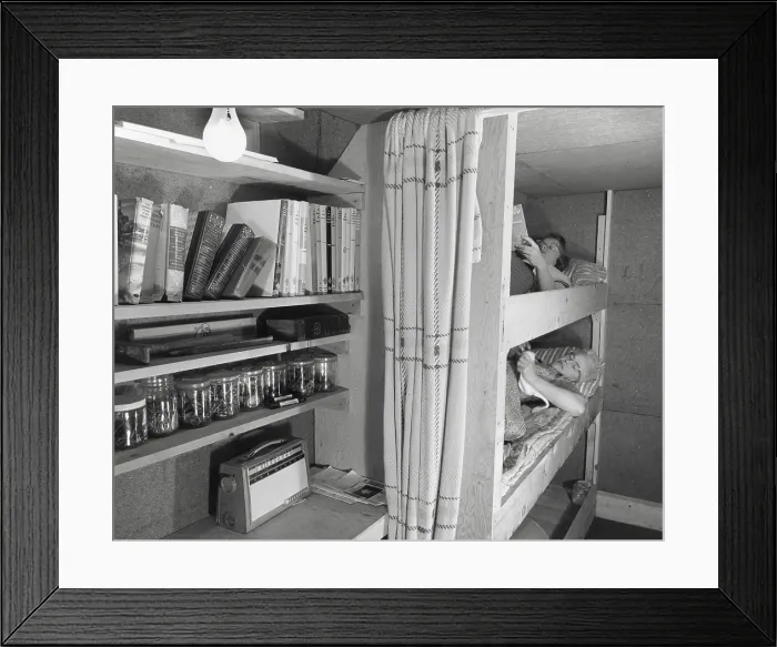Framed Print : Fallout shelter built adjacent to a home near Akron, Michigan. It has a 10 inch reinforced concrete ceiling with thick earth cover and concrete walls