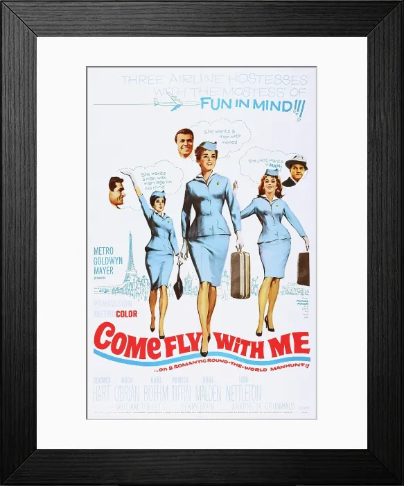 Framed Print : COME FLY WITH ME, US poster, from left: Hugh O'Brian, Pamela Tiffin, Karl Boehn, Dolores Hart, Lois Nettleton, Karl Malden, 1963 Framed Print : COME FLY WITH ME, US poster, from left: Hugh O'Brian, Pamela Tiffin, Karl Boehn, Dolores Hart, Lois Nettleton, Karl Malden, 1963