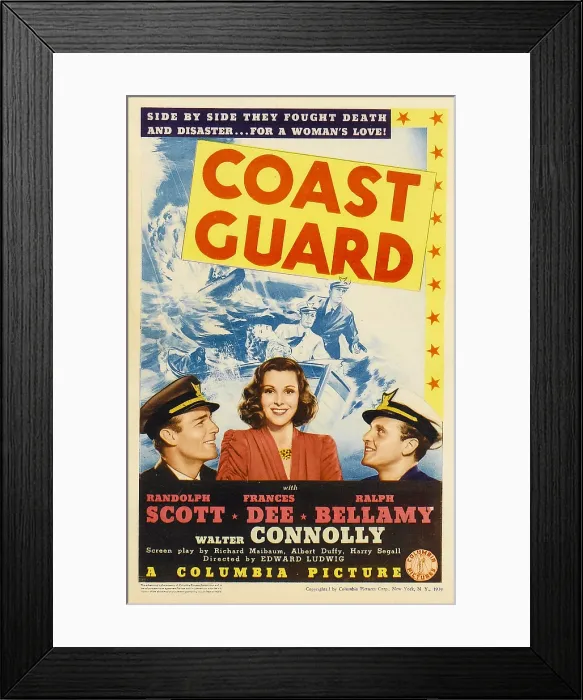 Framed Print : COAST GUARD, from left: Randolph Scott, Frances Dee, Ralph Bellamy on midget window card, 1939