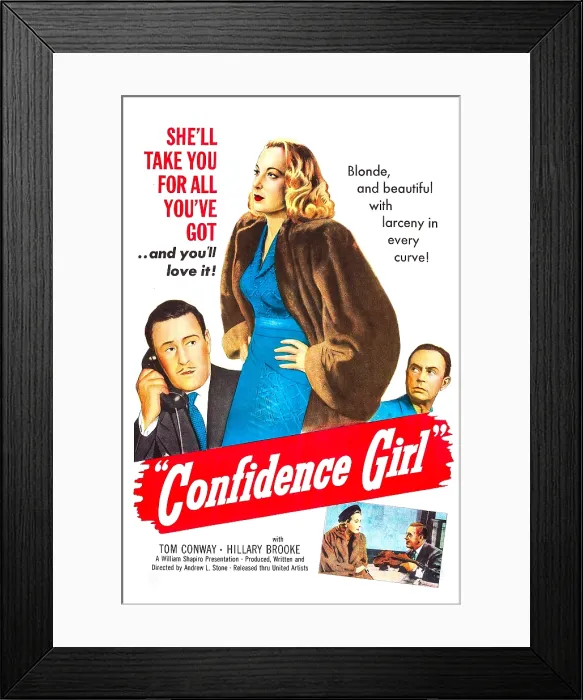 Framed Print : CONFIDENCE GIRL, US poster, middle from left: Tom Conway, Hillary Brooke, Eddie Marr, 1952