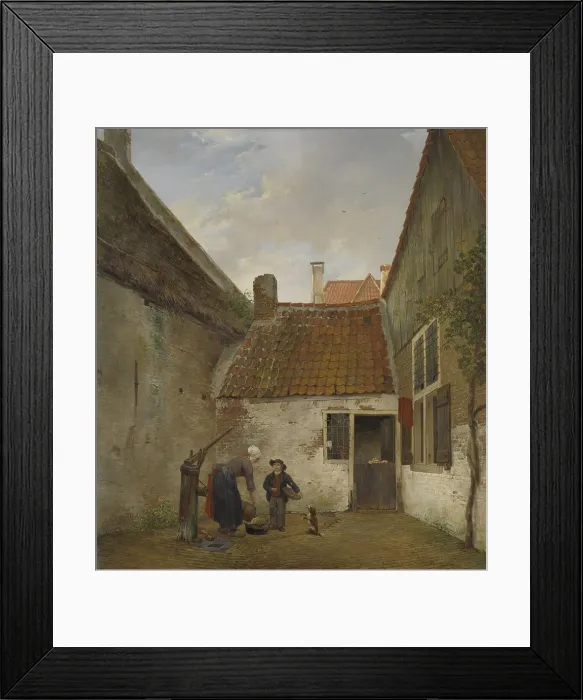 Framed Print : Inner Courtyard, by Andreas Schelfhout, 1820-30, Dutch painting, oil on panel. A woman fills a kettle with water from brick paved courtyard pump Framed Print : Inner Courtyard, by Andreas Schelfhout, 1820-30, Dutch painting, oil on panel. A woman fills a kettle with water from brick paved courtyard pump