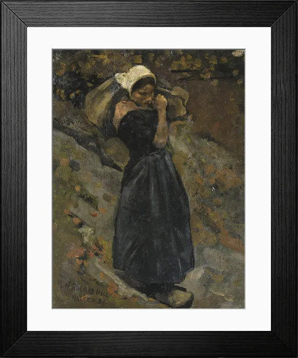Framed Print : A Peasant Woman Carrying a Sack, by Richard Roland Holst, 1889. Dutch painting, oil on canvas. She wears a white cap and clogs, as she carries a bag over her shoulder