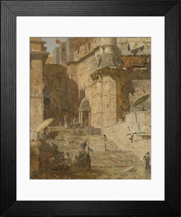 Framed Print : Benares (Varanasi, India), by Marius Bauer, 1913, Dutch oil painting on canvas. Ram Ghat, with stairs leading into the River Ganges, at Varanasi, India Framed Print : Benares (Varanasi, India), by Marius Bauer, 1913, Dutch oil painting on canvas. Ram Ghat, with stairs leading into the River Ganges, at Varanasi, India