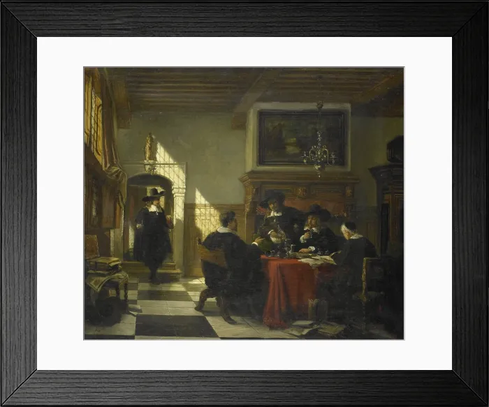 Framed Print : Company in 17th Garb at a Table with a Nautilus Cup, by Johannes Stroebel, 1873, Dutch painting, oil on canvas