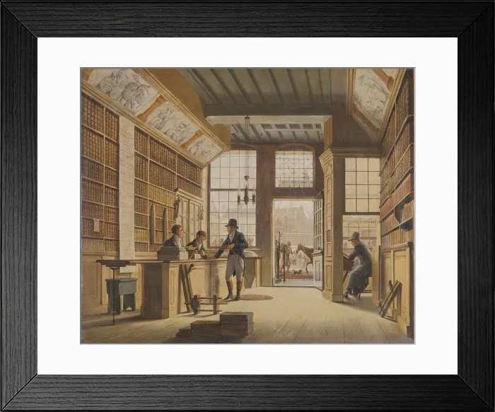 Framed Print : Book Shop of Pieter Meijer Warnars on the Vijgendam in Amsterdam, by Johannes Jelgerhuis, 1820. Dutch painting, oil on canvas. Warnars was a bookdealer, publisher, and printer