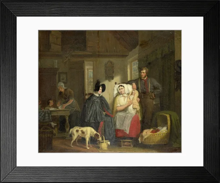 Framed Print : Visit to a New Mother, by Moritz Calisch, 1835. Dutch painting, oil on canvas. Mother and father with new baby sitting with a visiting woman Framed Print : Visit to a New Mother, by Moritz Calisch, 1835. Dutch painting, oil on canvas. Mother and father with new baby sitting with a visiting woman